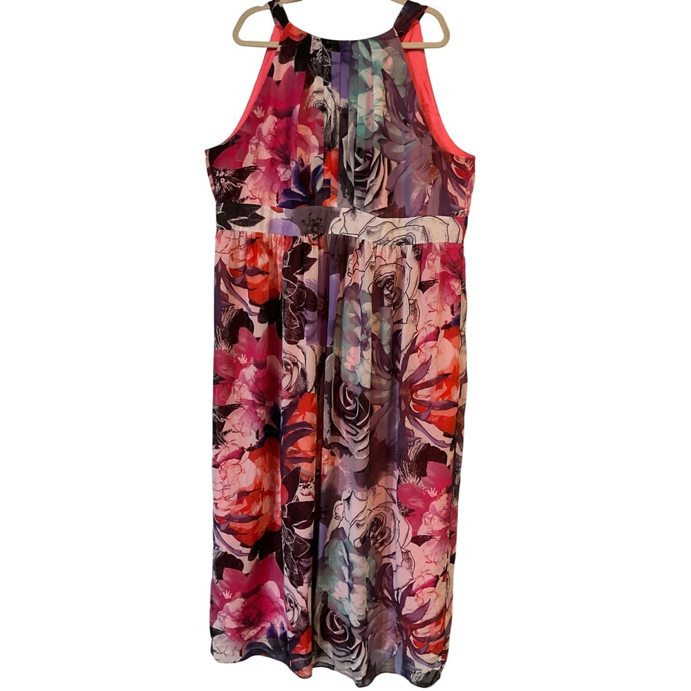 Eliza J Womens 22W Floral Halter Maxi Dress Pink Purple Pleated Chiffon Gown